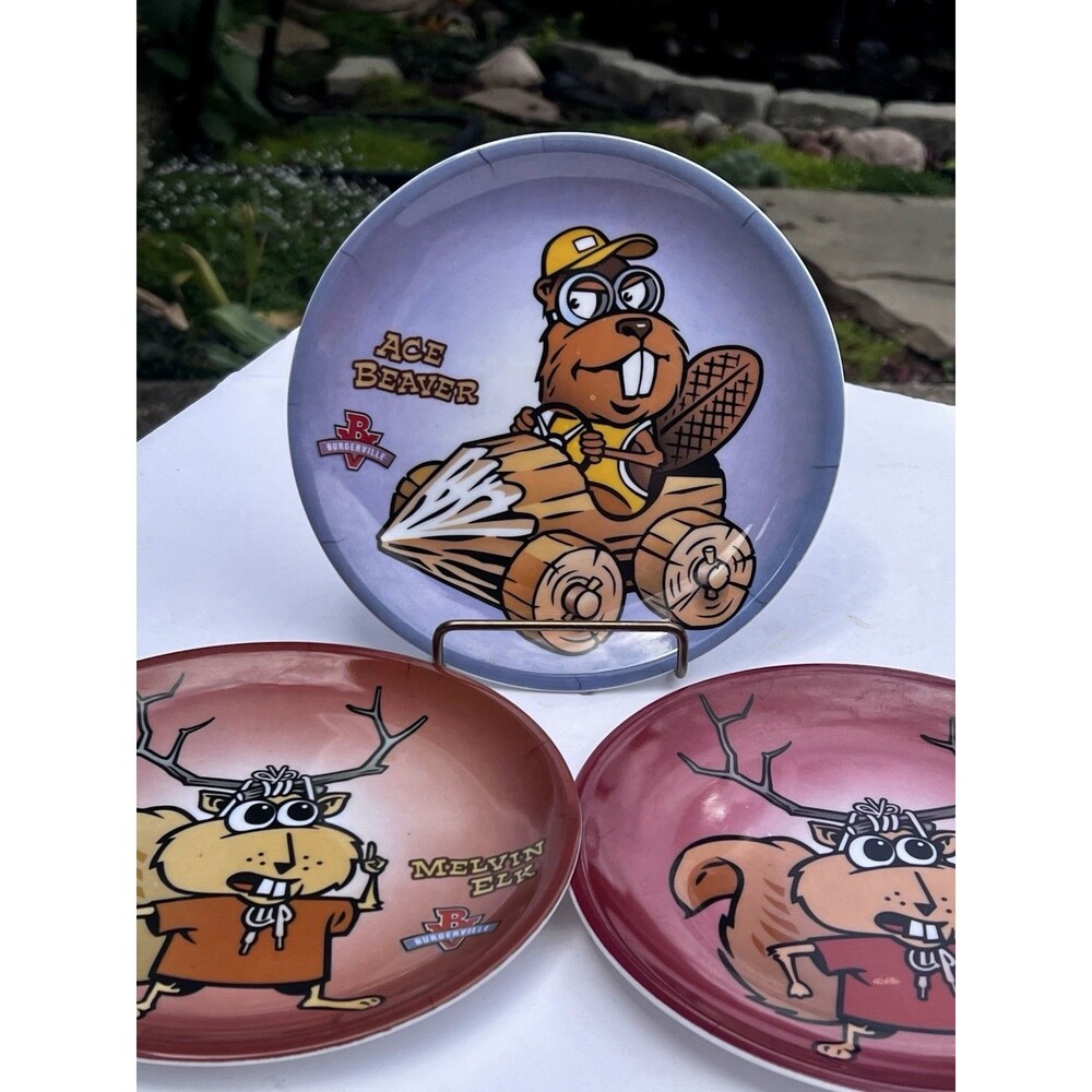 Y2K 2004 Burgerville Melvin Elk & Ace Beaver Melamine Plate Lot of 3 PNW Rare